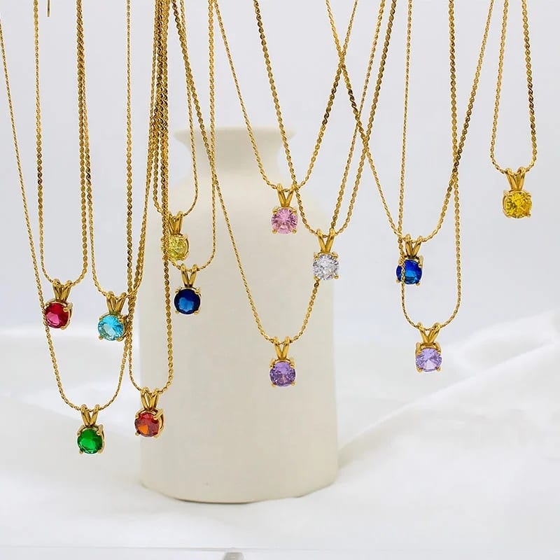SXS JEWELRY Hot Sell Gold Plated Birth Gem Stone Necklaces Cubic Zircon Stainless Steel Stone Necklace Jewelry Pendant Necklaces