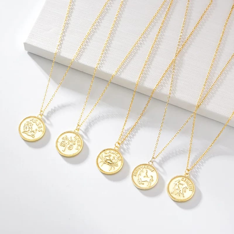 Wholesale 18k Gold Plated Zodiac Sign Pendant Horoscope Coin Necklace Pendant Necklaces