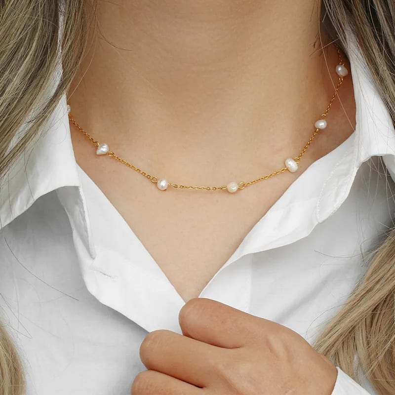 New Trendy Stainless Steel Pearl Necklace Jewelry 18k Gold Plated Chain Natural Freshwater Pearl Choker Necklace Pendant Necklaces