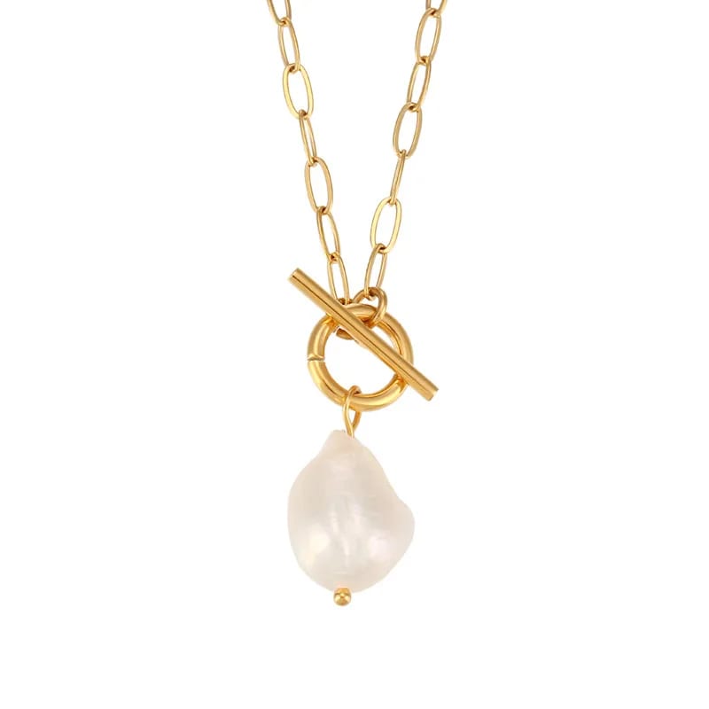 Wholesale Fashion Jewelry Women Stainless Steel 18k Gold Plated Paper Clip Chain Natural Baroque Pearl Necklace Pendant Necklaces