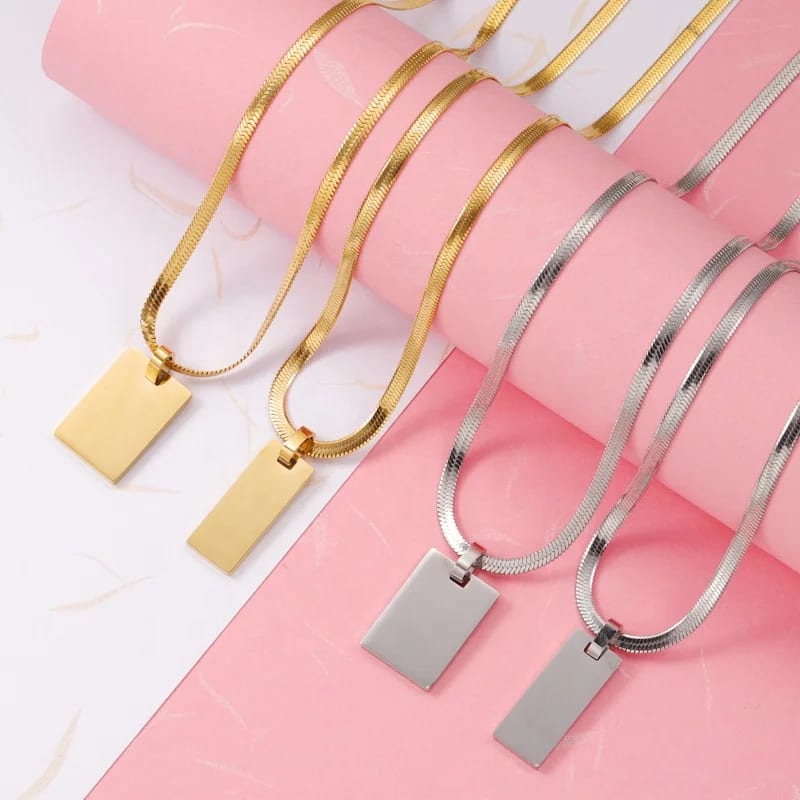 Customize Engrave Diy Laser Rectangle Pendant Necklace High Polished Smooth Rectangle Pendant Necklace With Snake Chain Pendant Necklaces