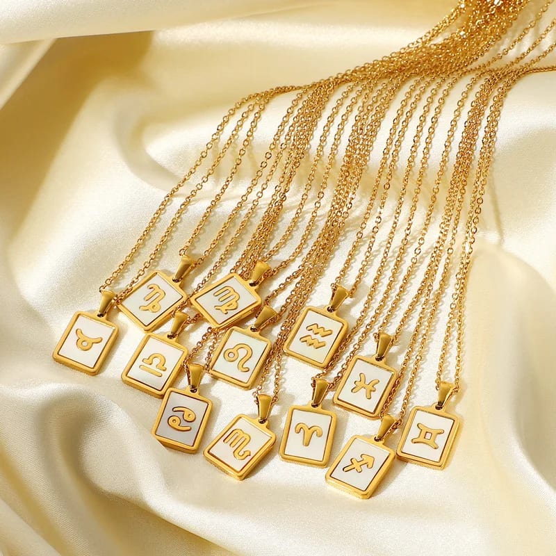 Wholesale Trendy Square Shell Designer 12 Horoscope Jewelry Gold Plated Stainless Steel Zodiac Sign Necklace Pendant Necklaces