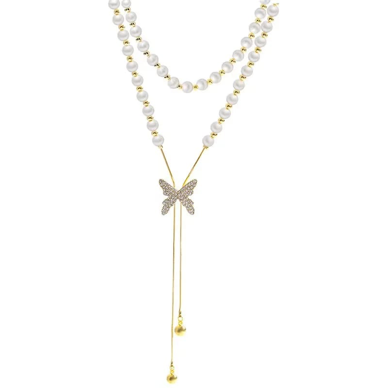 Best Design Natural Stone Brass Ip Plated Hypoallergenic Freshwater Pearl Butterfly Long Necklace Party For Girl Friend Pearl Necklaces