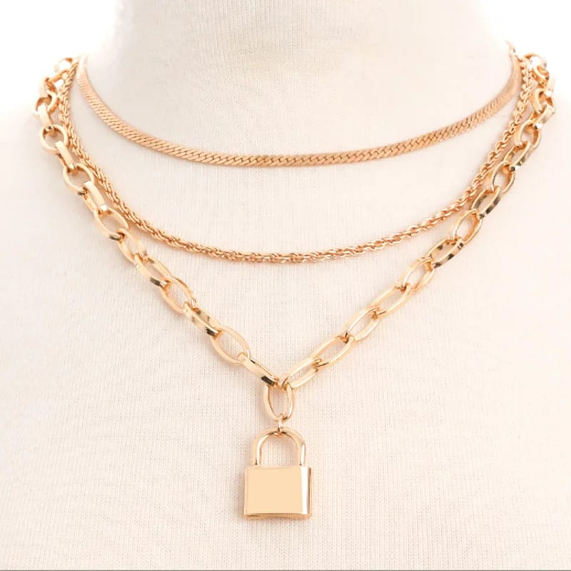 Fashion Stainless Steel Jewelry Long Chain Gold Lock Pendant Necklace For Women Girls Pendant Necklaces