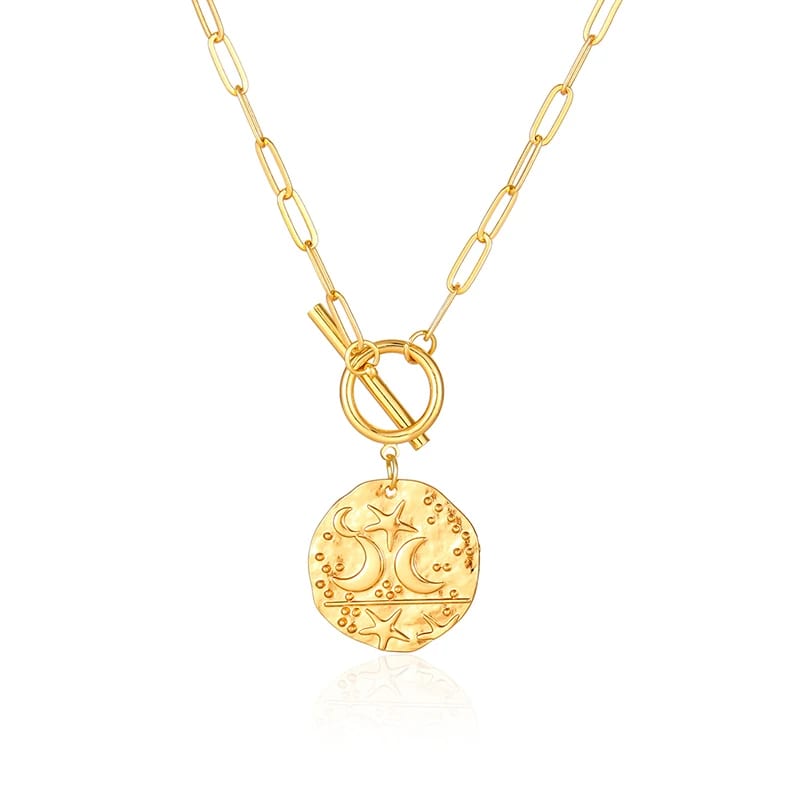 Brass Medallion Moon And Star Hammered Pendant Layering Paperclip Chain Necklace Jewelry Pendant Necklaces