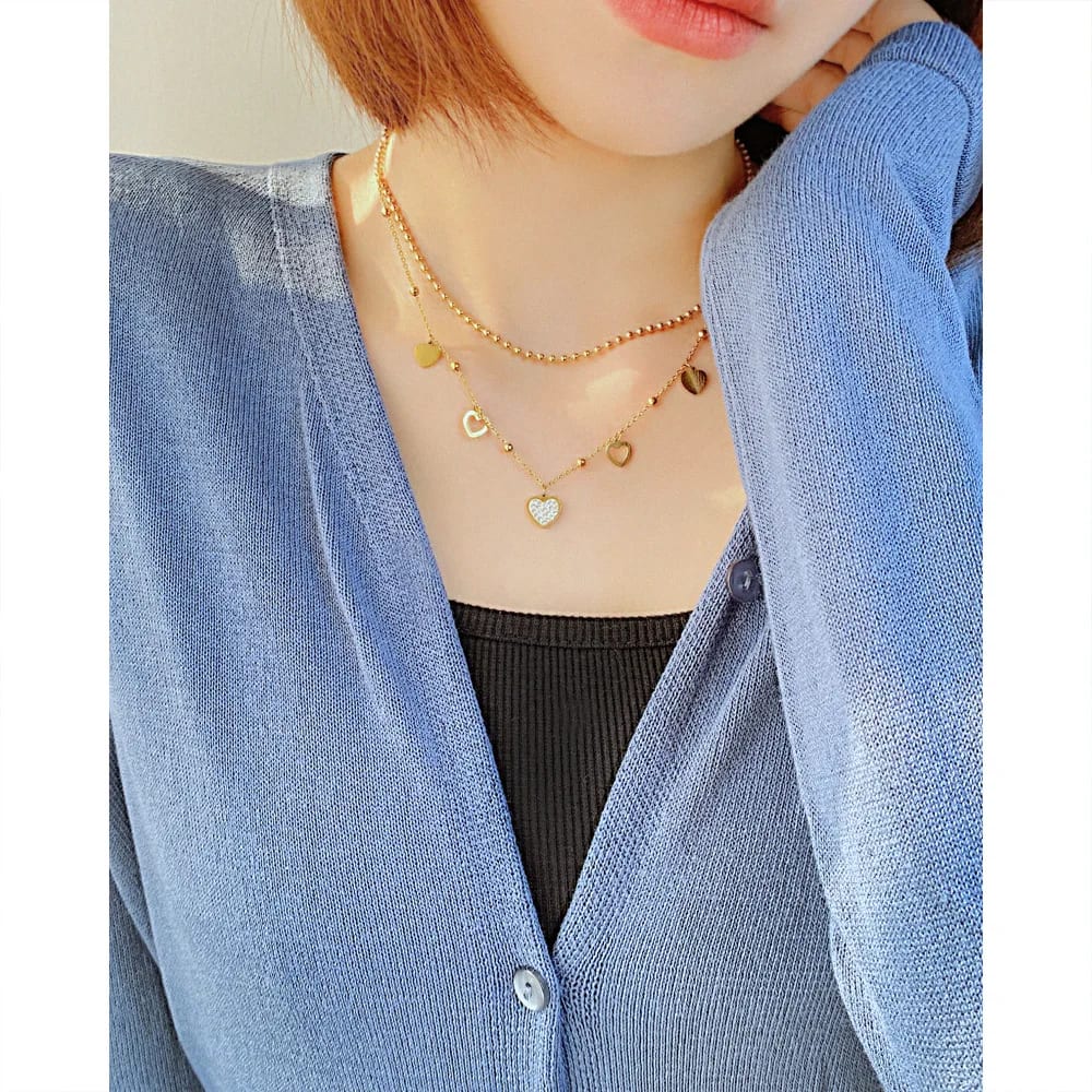 Fashion Fine Jewelry Women’s Stainless Steel Ip Plated Double Layer Heart Rhinestones Bead Chain Pendant Necklaces Pendant Necklaces