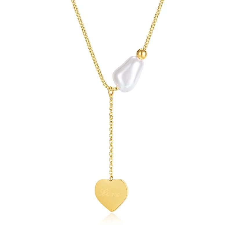 Shiny Stainless Steel Box Chain Big Heart Shaped Sublimation Blank Pendant Necklace With Baroque Pearl Pendant Necklaces