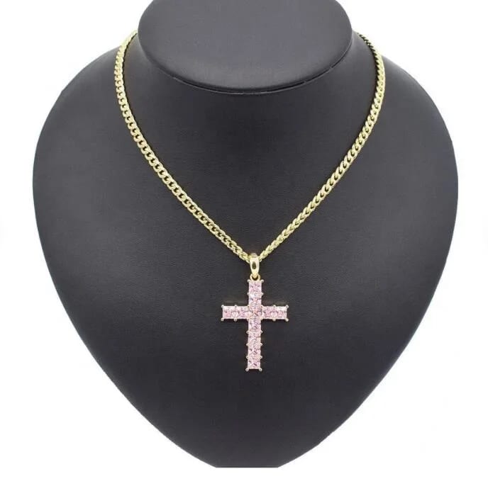 Fantastic Brass Gold Plated Iced Out Pink Prong Setting Rhinestone Cross Necklace For Women Pendant Necklaces