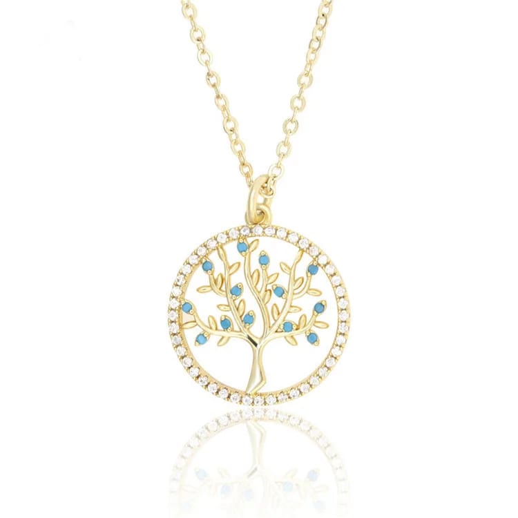 Best Selling Hollow Out 18k Gold Plated Zircon Tree Pendants Natural Stone Gemstone Round Pendant Necklace Pendant Necklaces