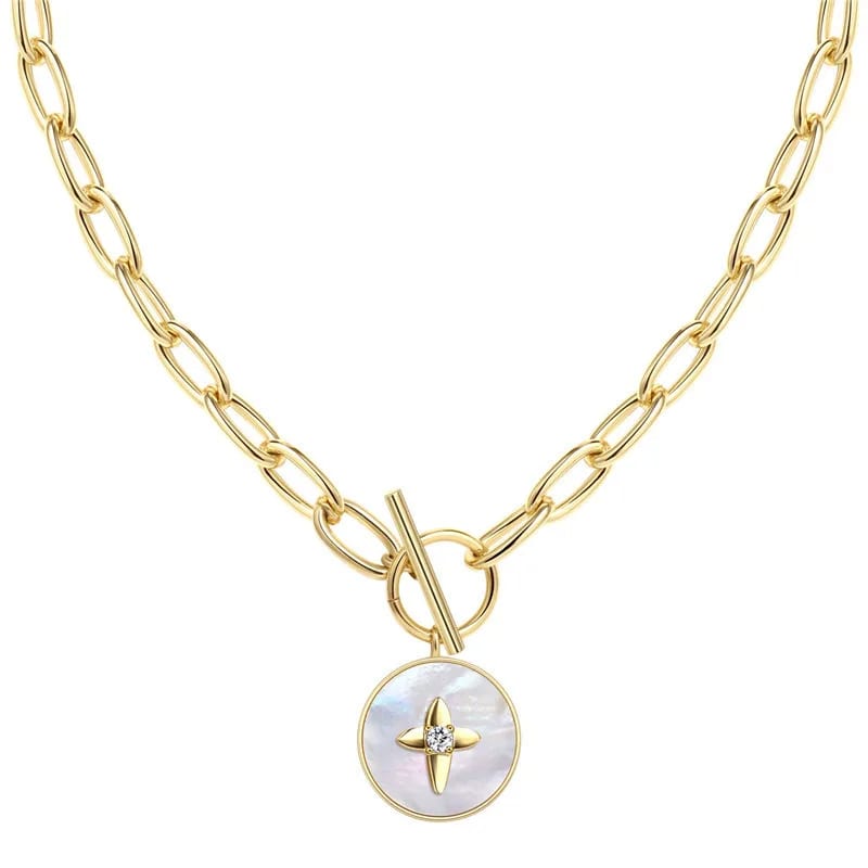 Fashion 18k Gold Plated Zircon Pendant Necklace Natural Shell Round Brass Pendants Necklace Jewelry Gift For Girl Friend Necklaces