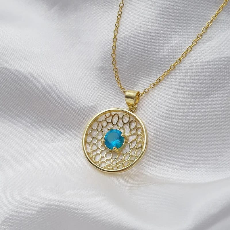 SXS JEWELRY Brass Gometrical Hollow Out Circle Patterned Prong Setting Blue Zircon Pendant Necklace Pendant Necklaces