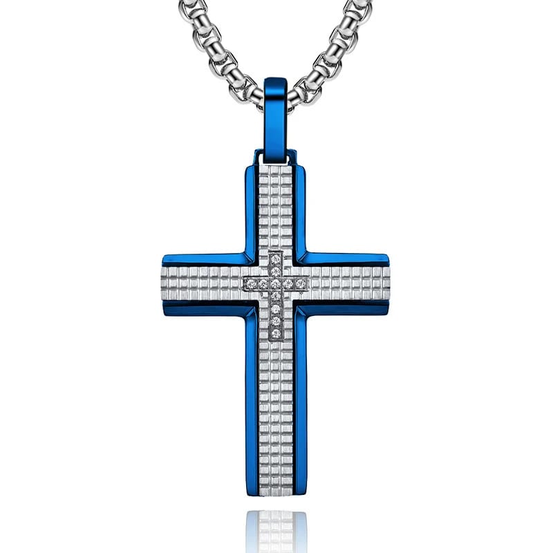 New Design Men’s Stainless Steel Silver Plated Cross Diamond Pendant Necklace Jewelry Charm Cross Necklace