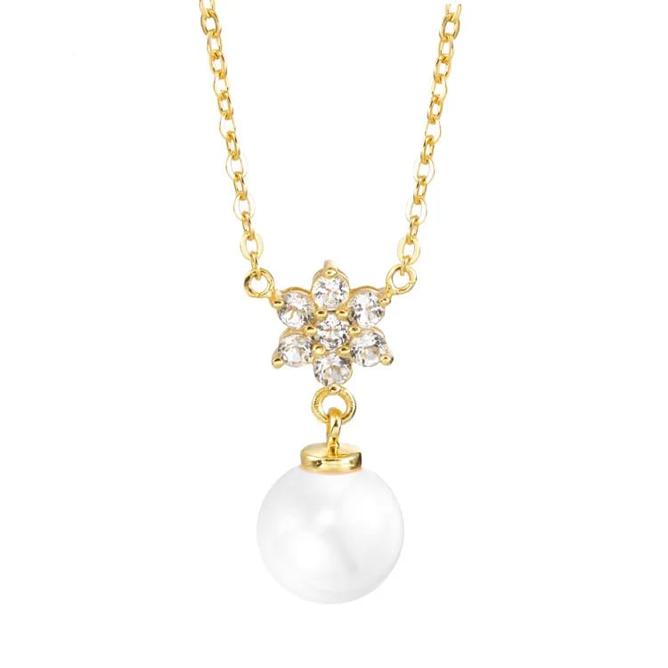 High Quality Classic 18k Gold Plated Round Pearl Necklace Diamond Flower Cluster Pendant Necklace Women Jewelry Pearl Necklaces