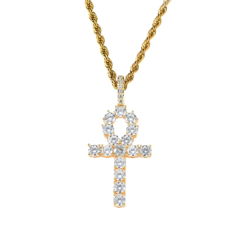 Hot Sale 18k Gold Plated Rope Chain Cubic Zirconia Hip Hop Crystal Egypt Ankh Cross Key Pendant Necklace Cross Necklace