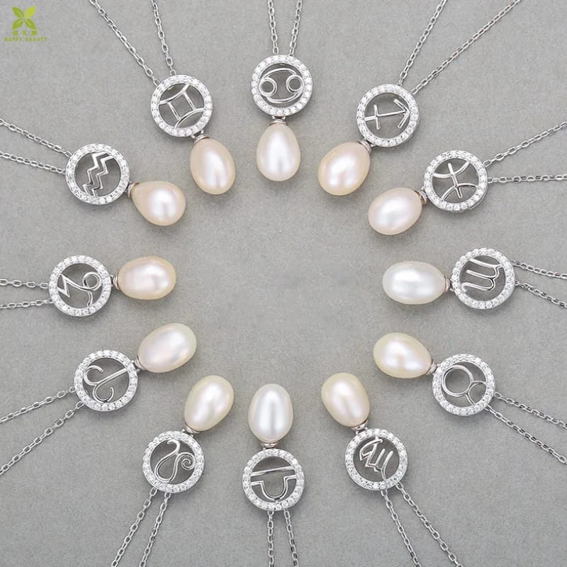 Custom Latest Sterling Silver Crystal Pearl Zodiac Pendant Necklace Pearl Necklaces