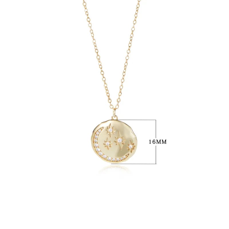 925 Sterling Silver Round Coin Star Moon Pendant Necklace With Cubic Zircon Disc Necklaces