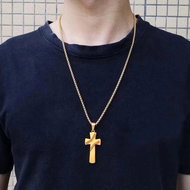 New Custom Stainless Steel Gold Plated Jewelry Baseball Cross Pendant Necklace Cross Necklace