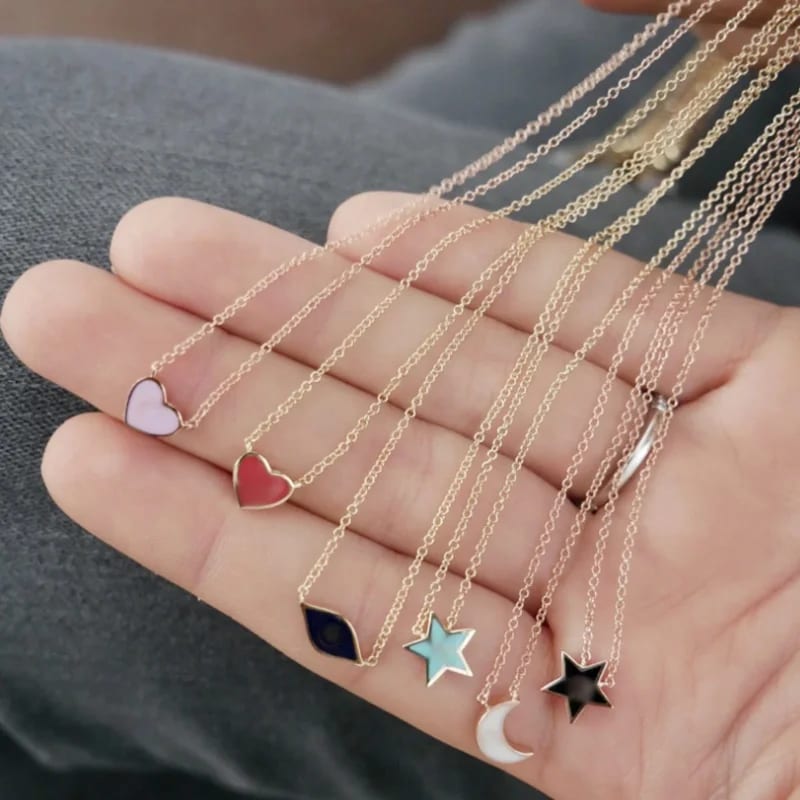 Custom Tiny Enamel Love Heart Necklace Simple 14k Gold Enamel Heart Star Moon Pendant Charm Necklaces Pendant Necklaces