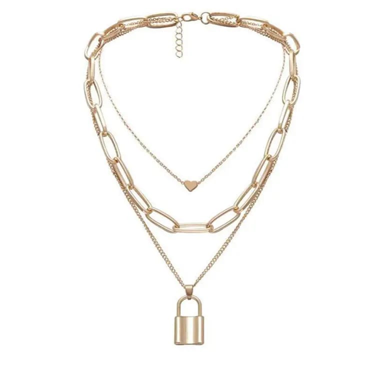 Trendy Gold Plated Clip Chain With Lock Heart Triple Layered Necklaces 3 Layer Chain Necklace Pendant Necklaces