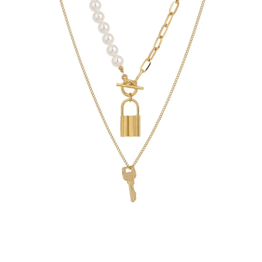 18k Gold Plated Pearl Lock And Key Chains Multy Layered Necklace In Gold Color Pendant Necklaces
