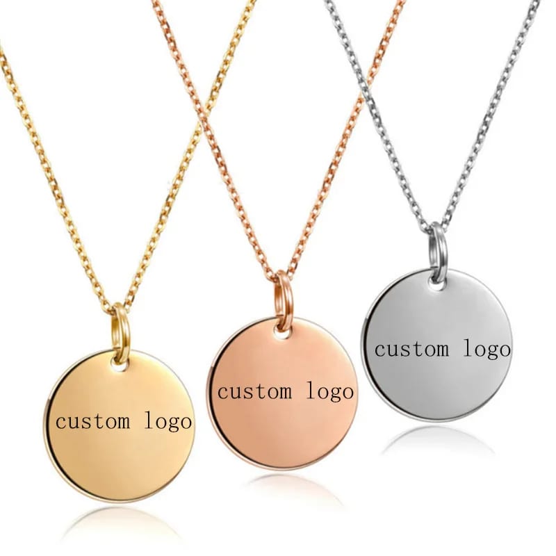 Custom Logo Stainless Steel Round Pendant Necklaces Men Disc Necklaces