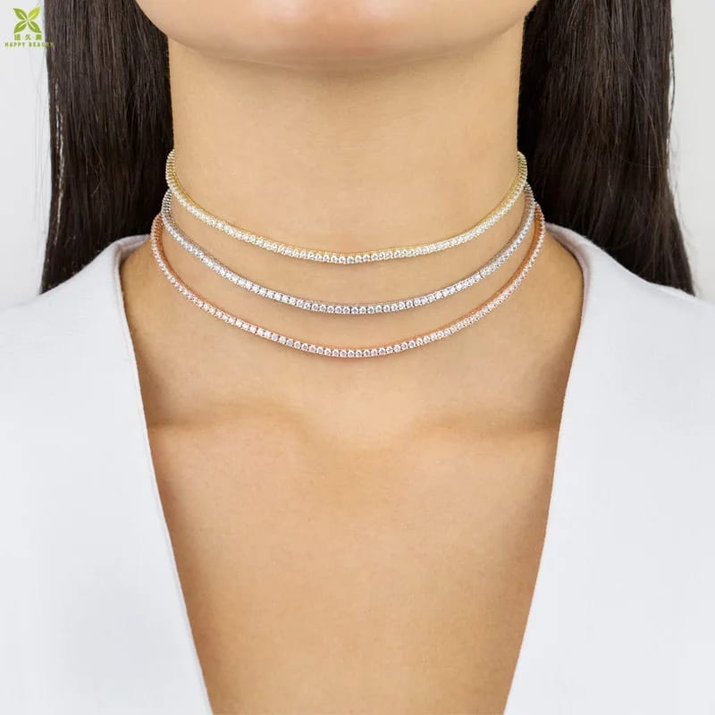 Hot Sale Cz Tennis Chain 18k Gold Diamond Thin Tennis Choker Necklace For Women Chokers and Collars