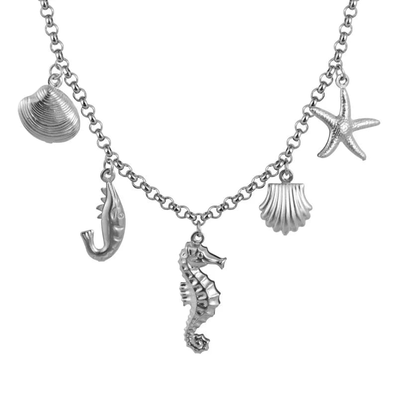 Sea Beach Theme Stainless Steel SXS Silver Charm Necklace With Shell Fish Sea Horse Star Pendant Necklaces