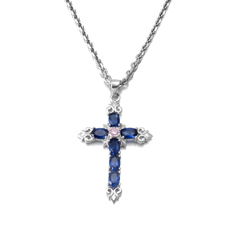 Big Blue Zirconia Stone Fashion Women Jewelry Cross Necklace Cross Necklace
