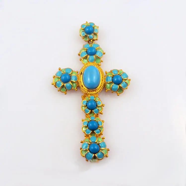 Gold Plated Cross Pendant Gemstone Turquoise Stone Emerald Pendant Cross Jewelry Manufacturer Cross Necklace