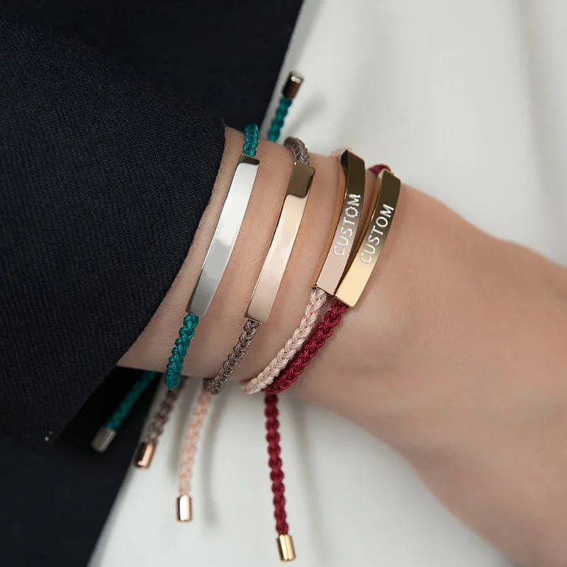 Wholesale Bar Braided Rope Bracelet Customizable Engraved Text Logo Stainless Steel Adjustable Cord Bar Bracelet For Women Men Bracelet