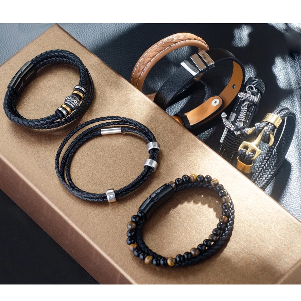 Wholesale High Quality Natural Bead Bracelets For Men Fashion Stainless Steel Multi Layer Genuine Leather Bracelet Jewelry Bracelet