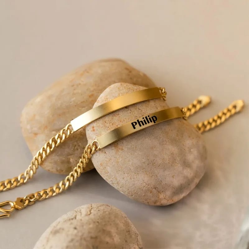Custom Men’s Engraved Blank Bar Bracelet Thick Curb Cuban Chain Link Gold Plated Stainless Steel Bracelet Bracelet