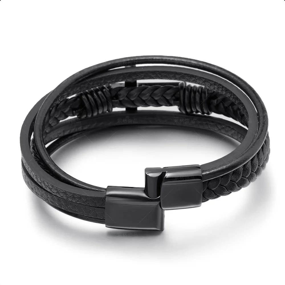 Braided Handmade Leather Multilayer Magnetic Buckle Christian Cross Stainless Steel Bracelet Men’s Titanium Steel Bracelet Bracelet
