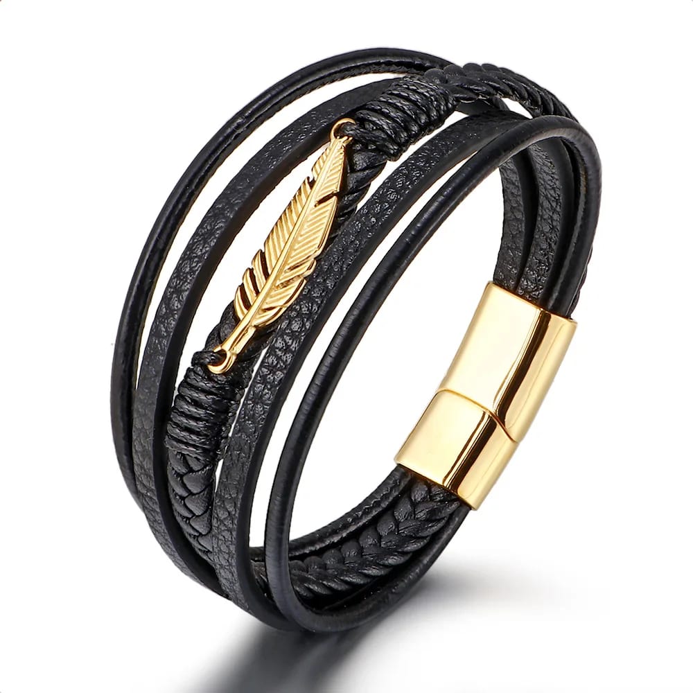 Vintage Trendy Stainless Steel Feather Charm Bracelet Men Multi-layer Leather Braided Titanium Steel Magnetic Buckle Bracelet Bracelet