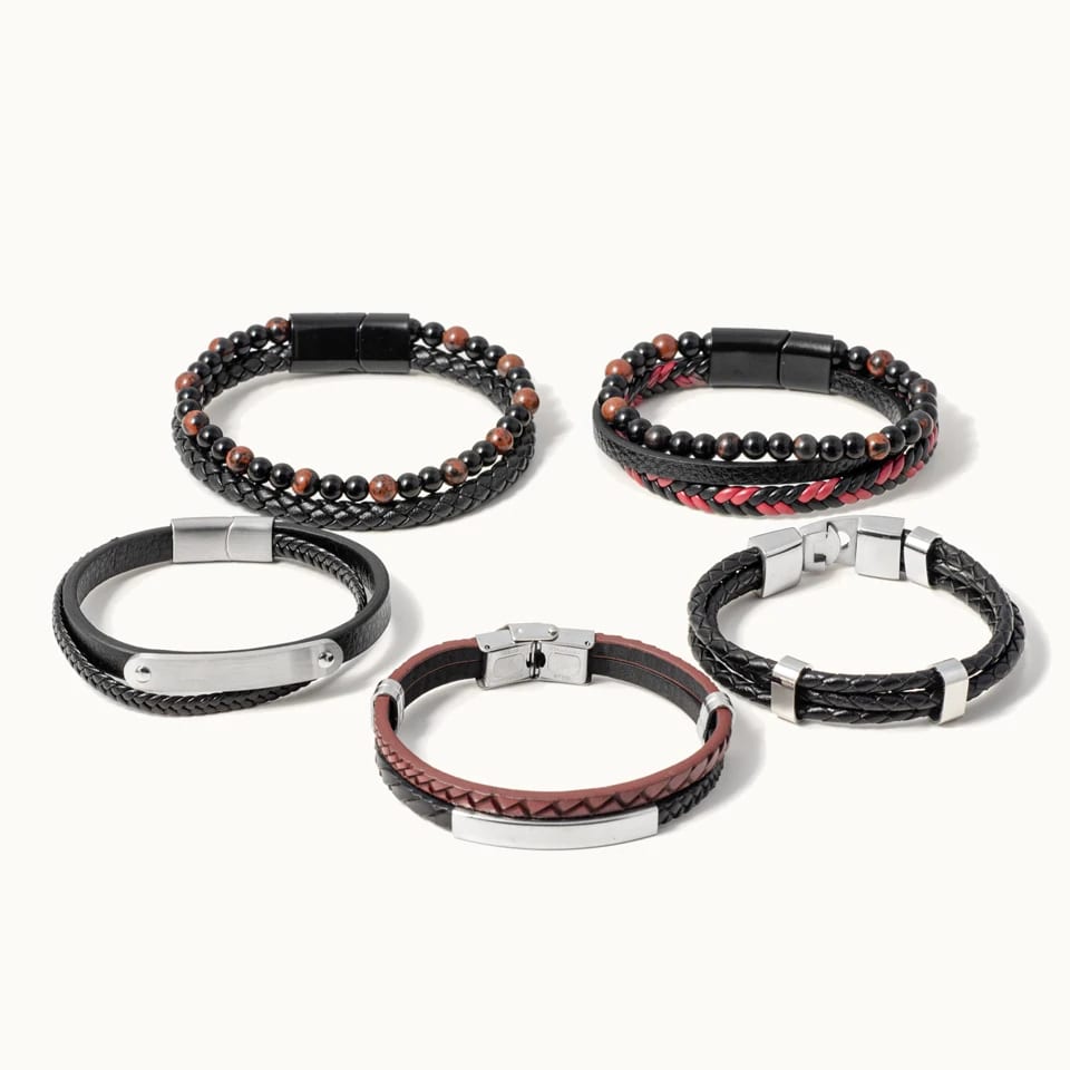 Personalized Men Bracelets Custom Engraved Blank Bar Stainless Steel Multilayer Braided Leather Charm Bracelet Bracelet