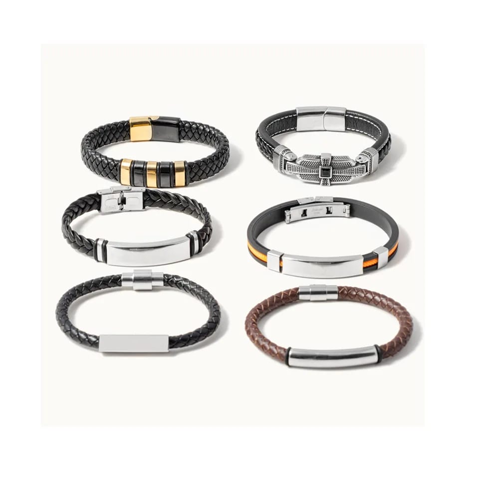 Personalized Custom Logo Engraved Braided Leather Stainless Steel Bracelet For Men Bracelet