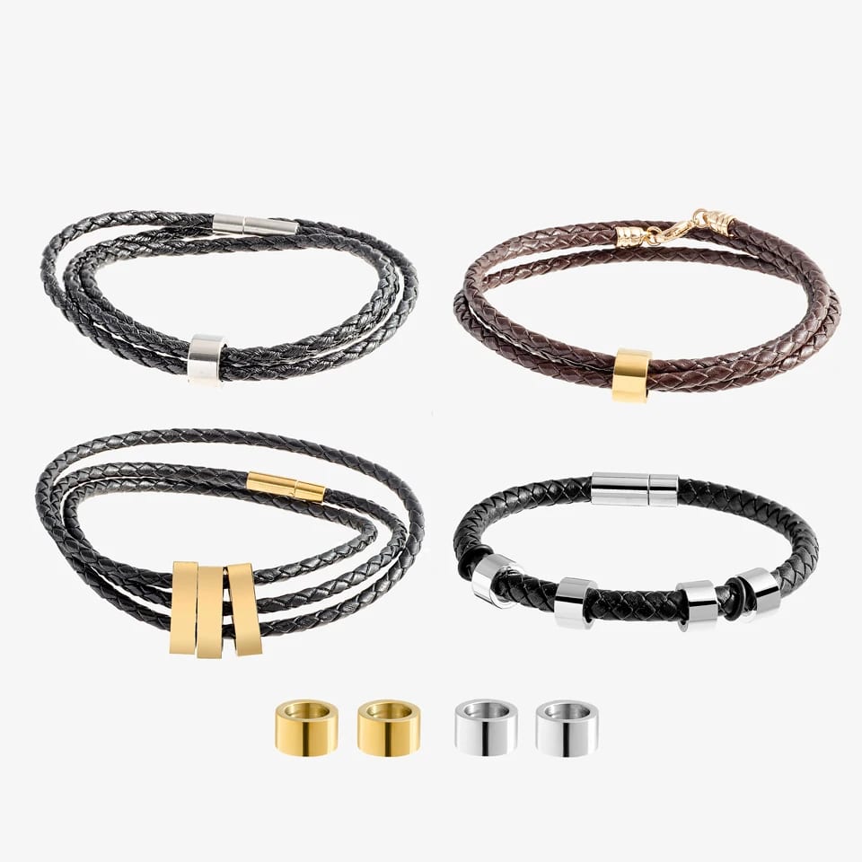Stainless Steel Men’s Leather Bracelet Double Layer Handmade Leather Bradided Magnet Bracelets With Custom Beads Bracelet
