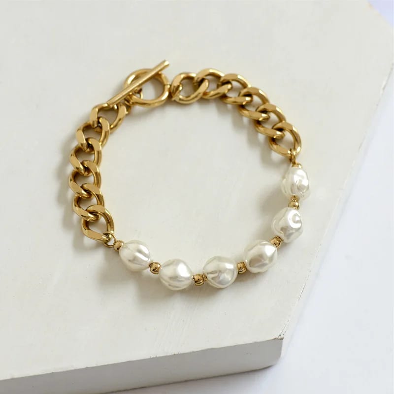 Fashion Gold Plated Stainless Steel Pearl Bracelet Ot Buckle Splice Bracelet Bracelet