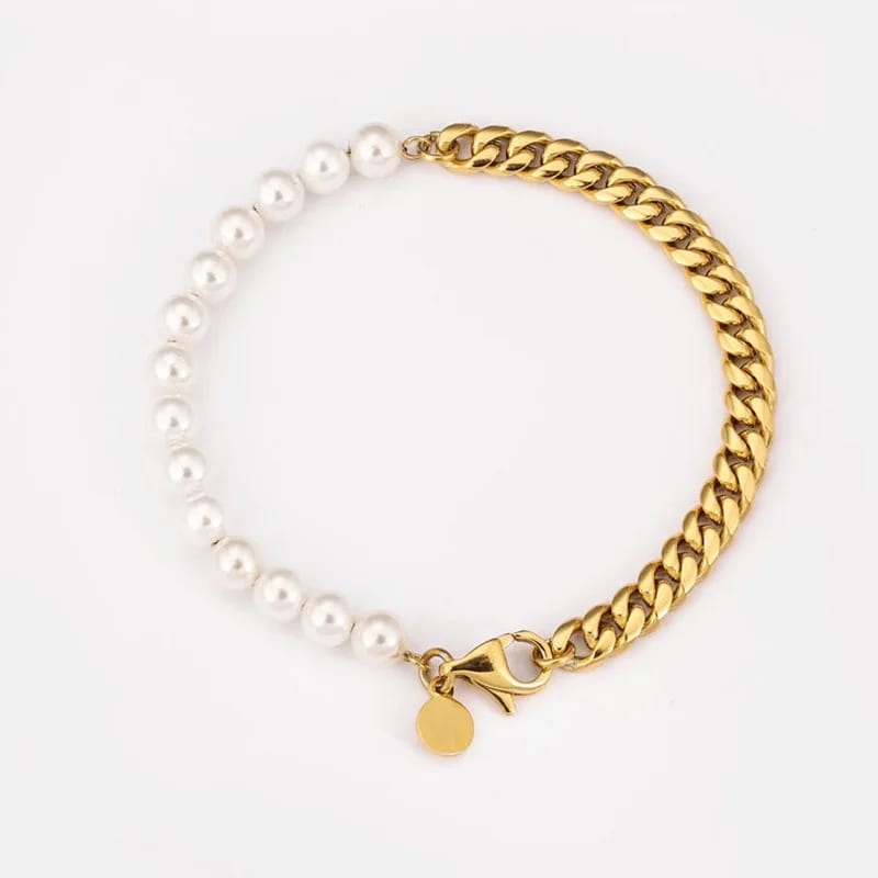 Wholesale 18k Gold Plated Stainless Steel Half Cuban Chain Half Pearl Bracelet Jewelry Personalized Men Pearl Bracelet Bracelet