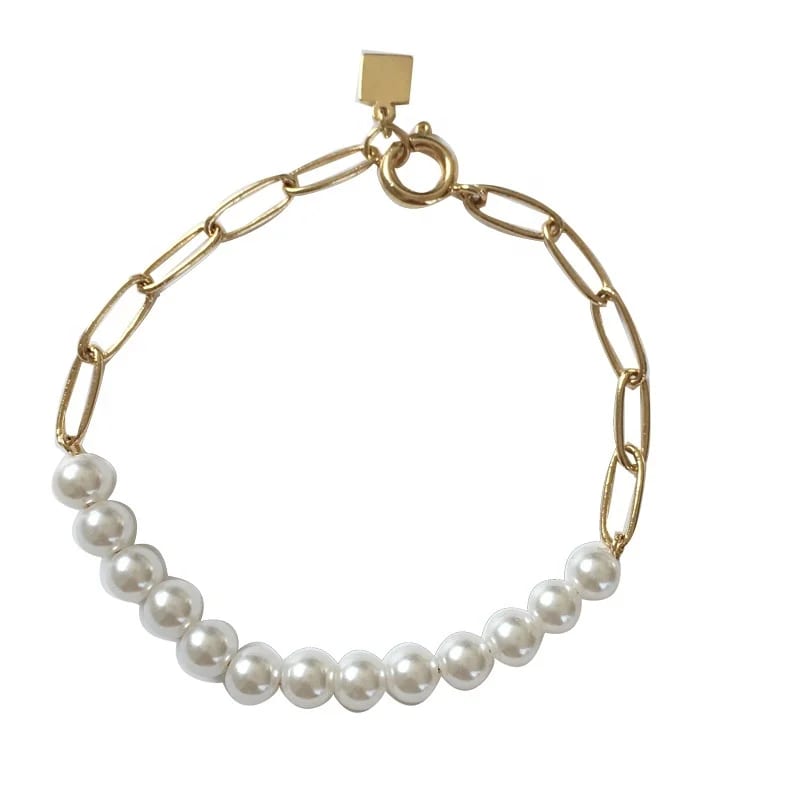 Hot Trendy Jewelry Fashion Half Pearls Half Paperclip Chain Pearl Gold Chain Bracelet Supplier Bracelet
