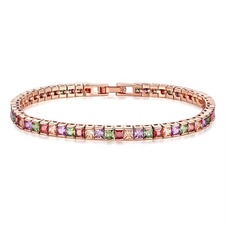 Hot Sale Rose Gold Plated Cz Rainbow Chain Tennis Bracelet In Bulk Bracelet