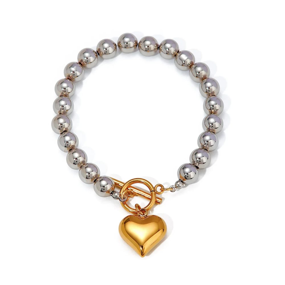 Waterproof 18k Gold Plated Stainless Steel Round Ball Beaded Bracelet Jewelry New T Bar Chunky Heart Charm Bracelet Bracelet