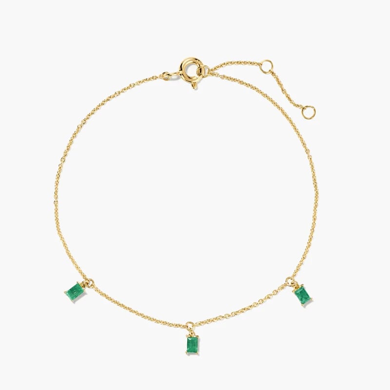 High Quality Waterproof Stainless Steel 18k Gold Plated Baguette Gemstone Charms Emerald Bracelet Bracelet