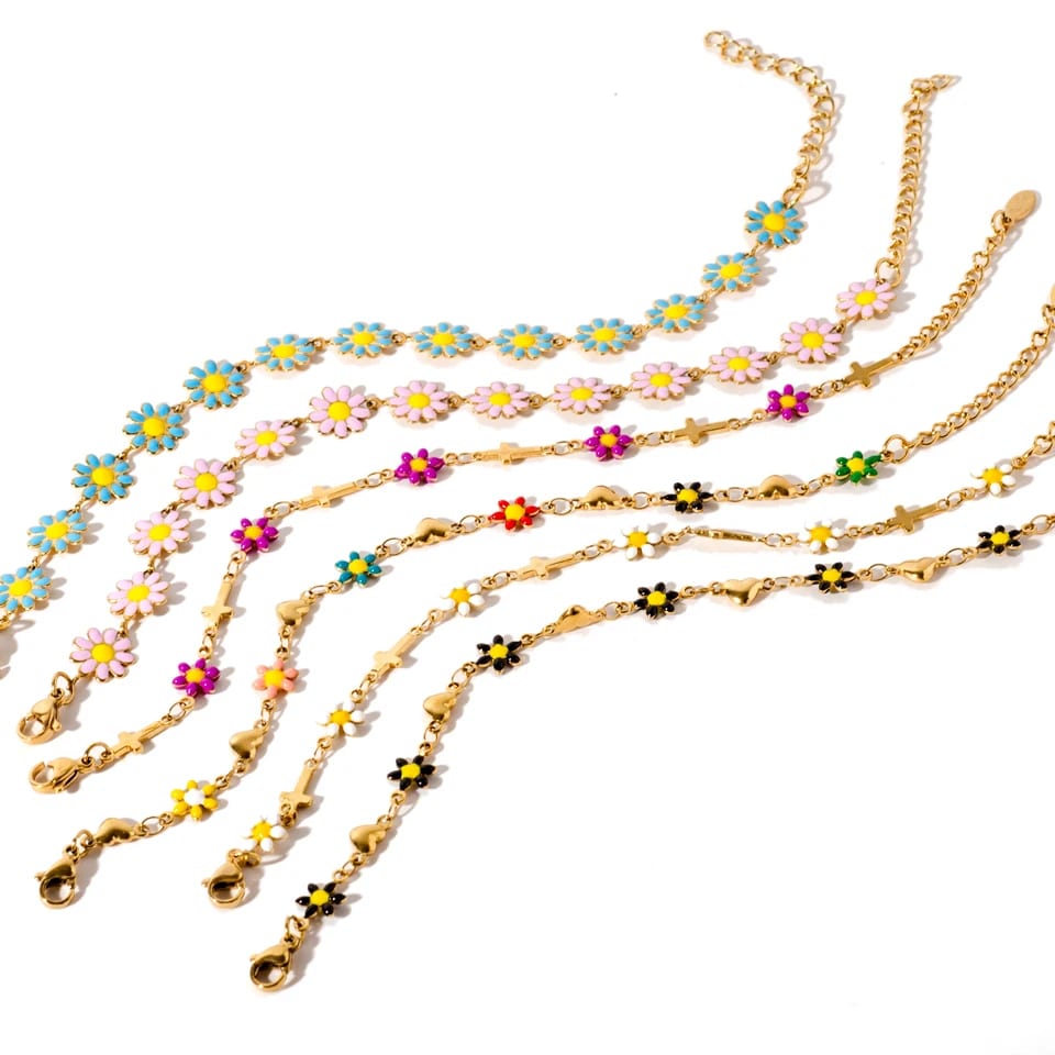 Bohemia Jewelry 18k Gold Plated Stainless Steel Heart Cross Design Multicolour Enamel Daisy Flower Bracelet For Women Bracelet