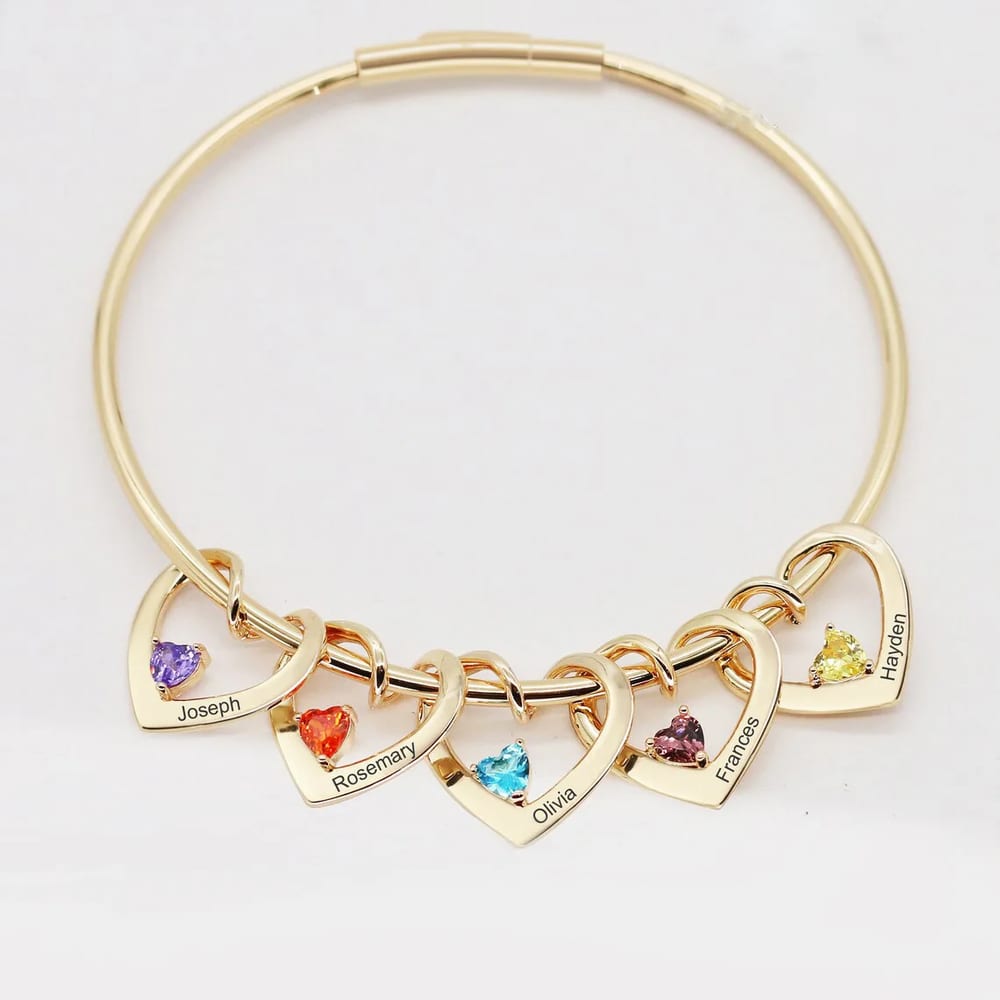 Personalized Birthstone Mother Jewelry Winding Open Heart Charms Bangle Bracelet Custom Engraving Family Kids Name Bangle Gift Bracelet