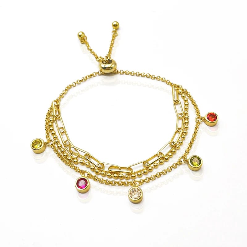 New Arrival 18k Gold Adjustable Three Layer Chain Bracelet Women Multicolor Cubic Zirconia Pendant Charm Bracelet Jewelry Bracelet