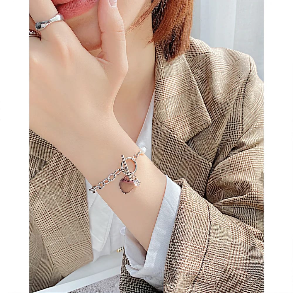 Fashion Stainless Steel Pearl And Diamond Cz 18 K Gold Plated Heart Jewelry Bracelet Gift Girl Friend Bracelet
