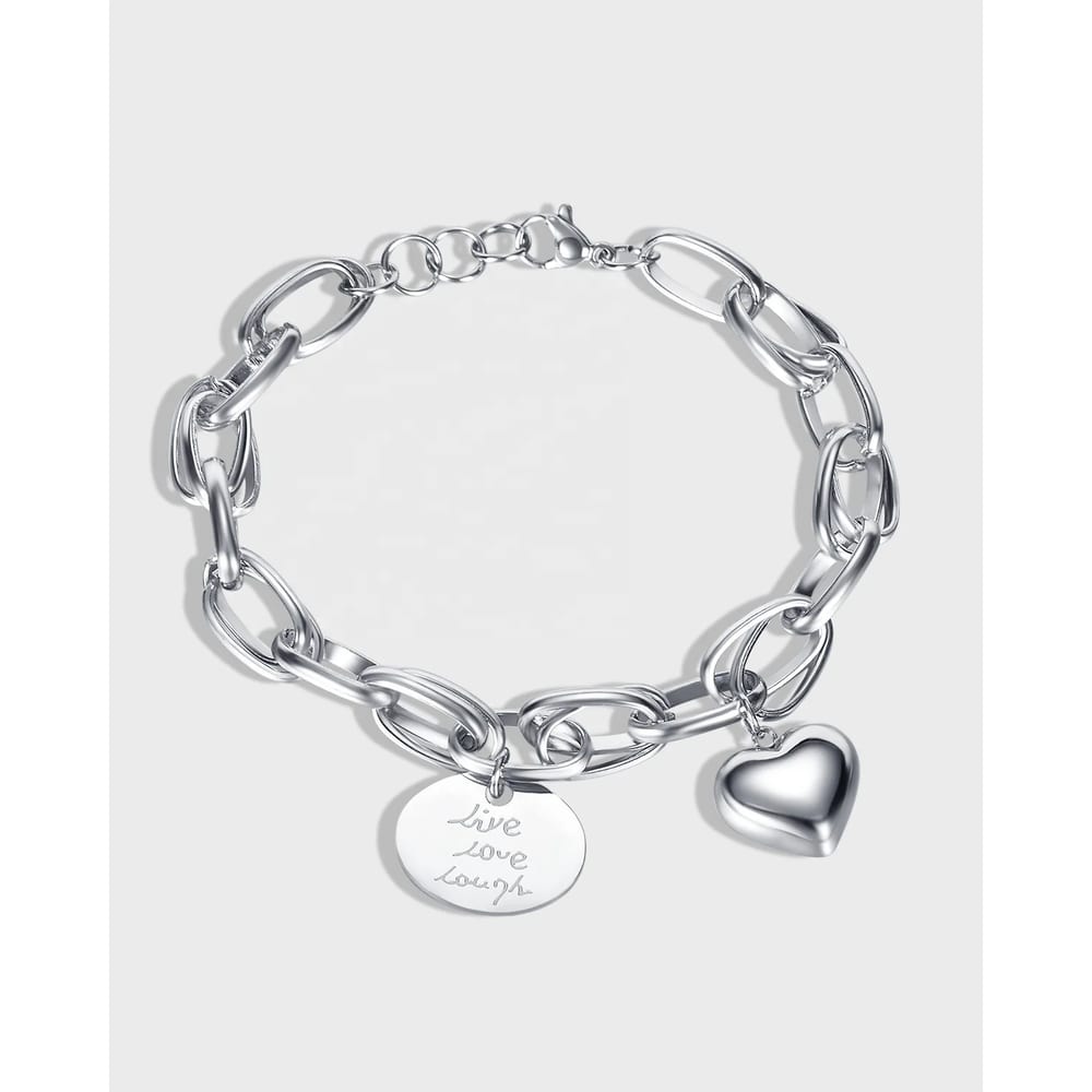 Stainless Steel Charms Bracelets High Polished Customize Engrave Charms Heart Charm Bracelet Bulk Wholesale Bracelet