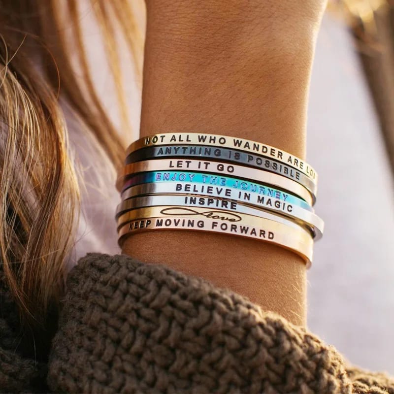 Custom Engraved Logo Inspirational Mantra Cuff Bracelet Adjustable 18k Gold Stainless Steel C Shape Open Bangle For Women Bracelet