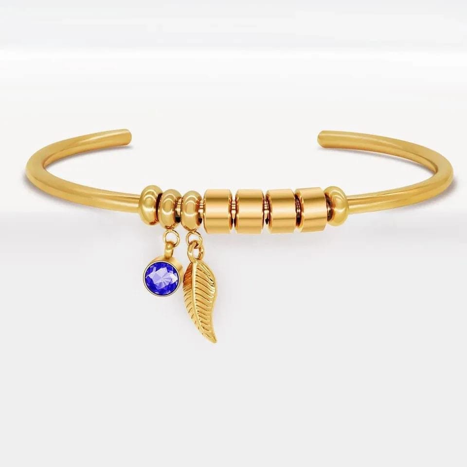 Personalized Engraved Gold Plated Leaf Family Birthstone Charm Diy Name Beads Bracelet Stainless Steel Cuff Bangle Bracelet Bracelet